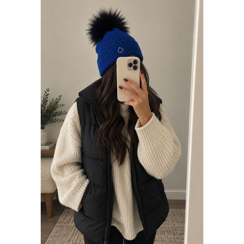 Aspen Collection Ruth 100% Wool Beanie w/ Faux Fur Pom Beanie Arctic Blue NWT